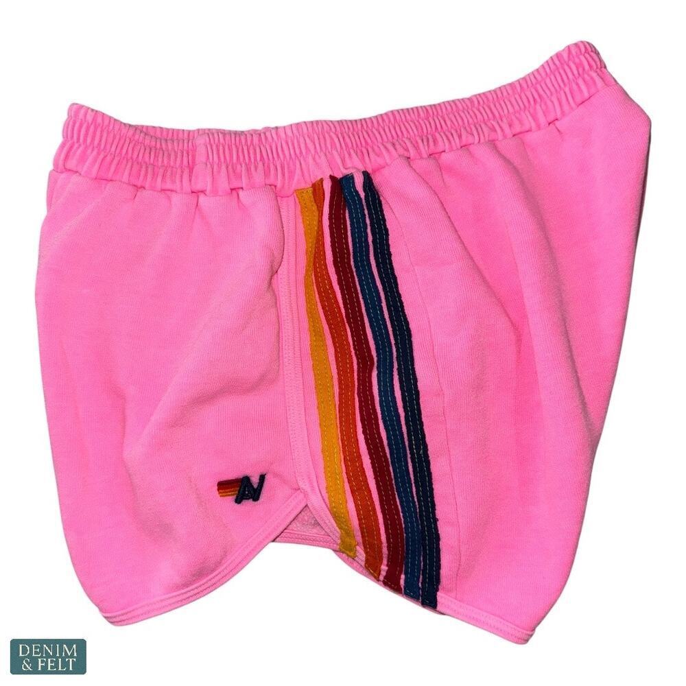 Aviator Nation Pink 5 Stripe Classic Sweat Shorts Neon Rainbow Soft Lounge XL - Picture 7 of 14